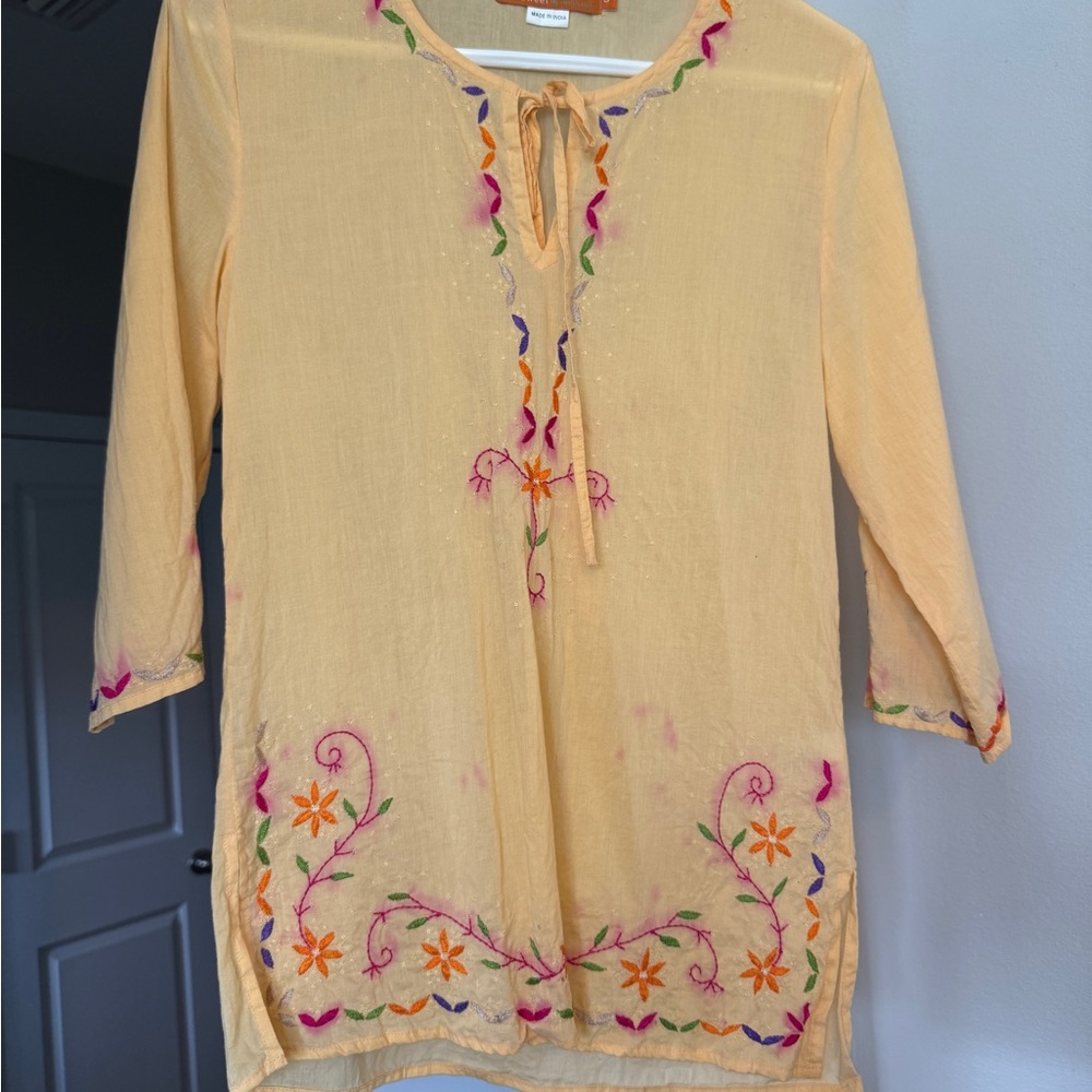 Sweet by Miss Me Yellow Embroidered Tunic with Tie Front